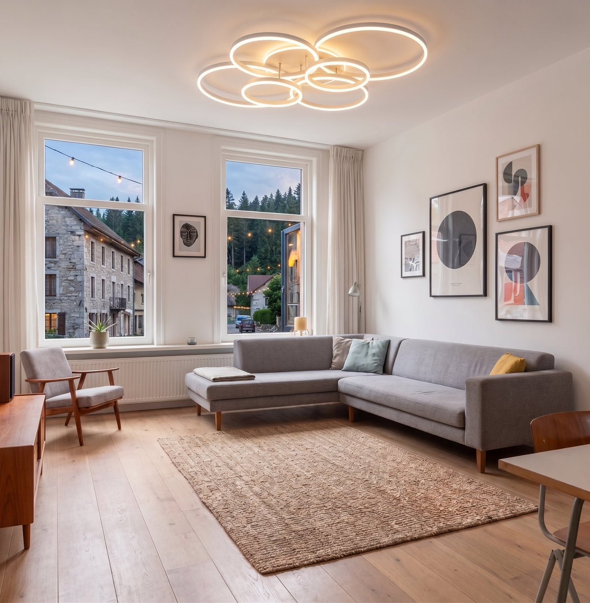 Plafonnier LED à anneaux dorés, collection luminaires en métal et laiton