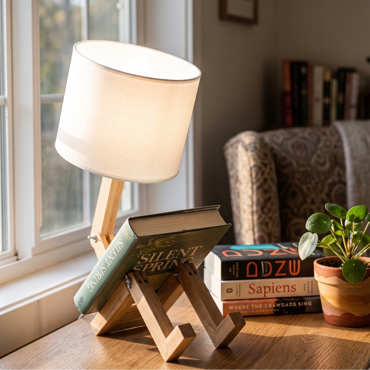 Lampe à poser en bois en forme de bonhomme assis et articulé, avec abat-jour en tissu blanc, tenant un livre sur une table près d'une fenêtre ensoleillée.