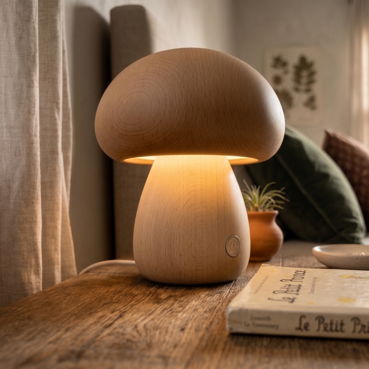 Lampe champignon en bois clair posée sur une table de chevet en bois, diffusant une lumière chaude et douce dans une chambre cosy.