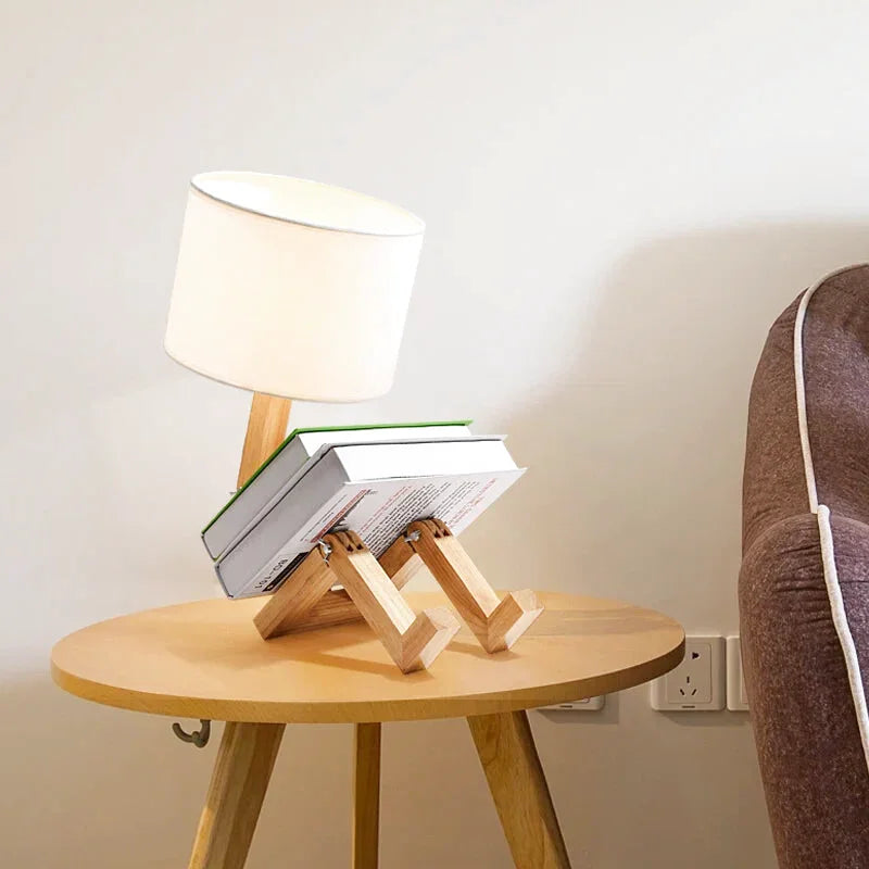 Lampe de chevet en bois range-livre à abat-jour en tissu blanc