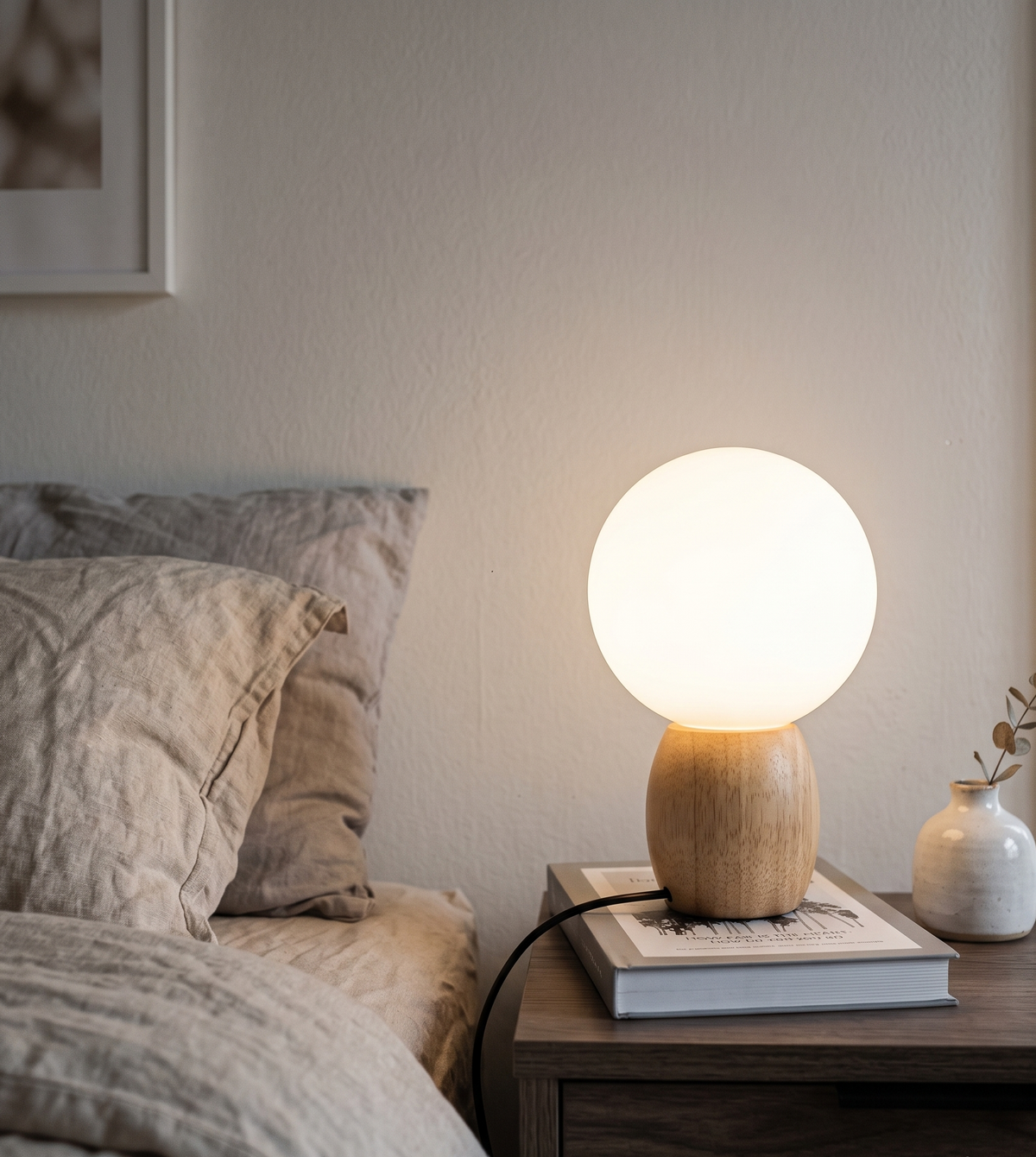 Lampe de chevet scandinave en bois à globe en verre dépoli de 12 cm