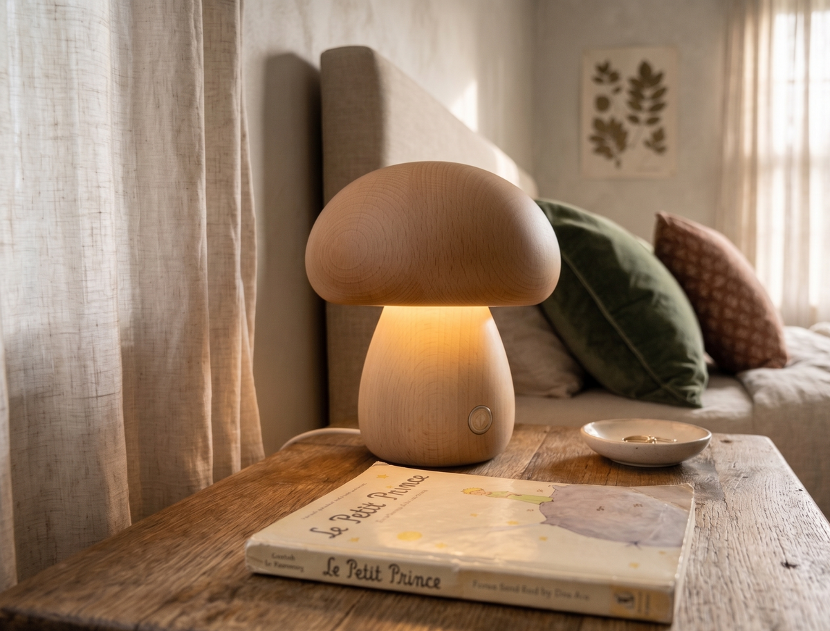 Lampe de chevet champignon en hêtre à LED blanc chaud et intensité réglable