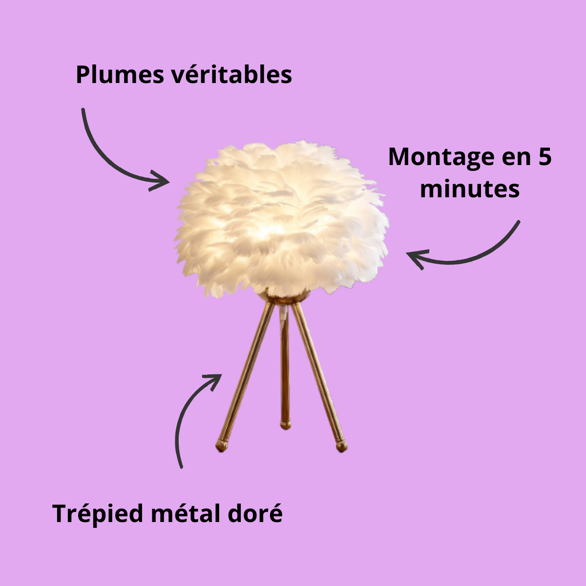 Lampe de chevet Plumaia à abat-jour en plumes véritables et trépied doré