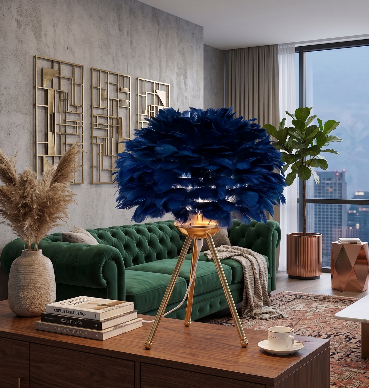 Lampe de chevet Plumaia à abat-jour en plumes bleu nuit