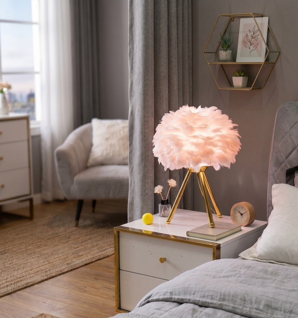 Lampe de chevet Plumaia à abat-jour en plumes roses