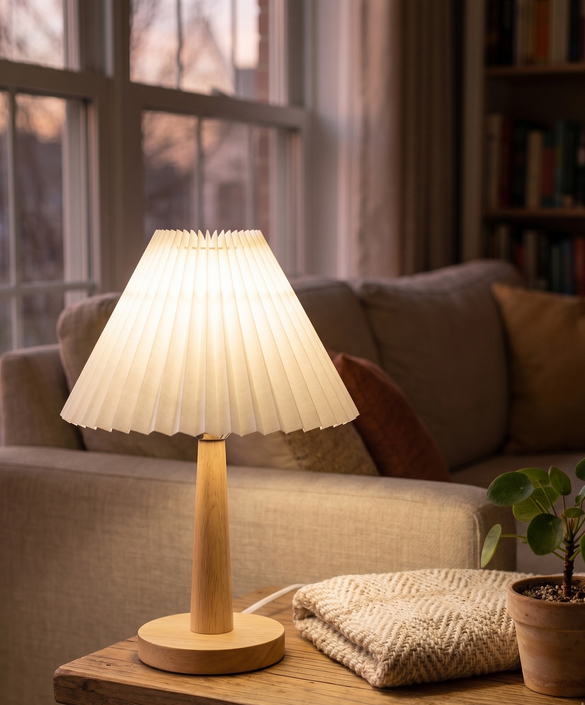 Lampe de chevet rétro à abat-jour en tissu plissé et pied aspect bois