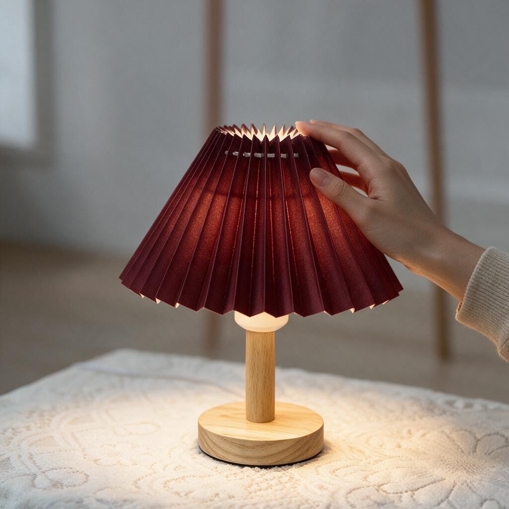 Lampe de chevet rétro à abat-jour plissé rouge