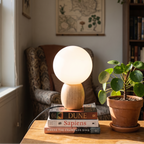 Lampe à poser avec globe en verre opale blanc et pied ovale en bois clair, posée sur une pile de livres dans un salon lumineux avec fauteuil et plante verte.