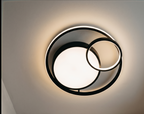 Plafonnier LED en aluminium noir à deux cercles décalés et diffuseur blanc