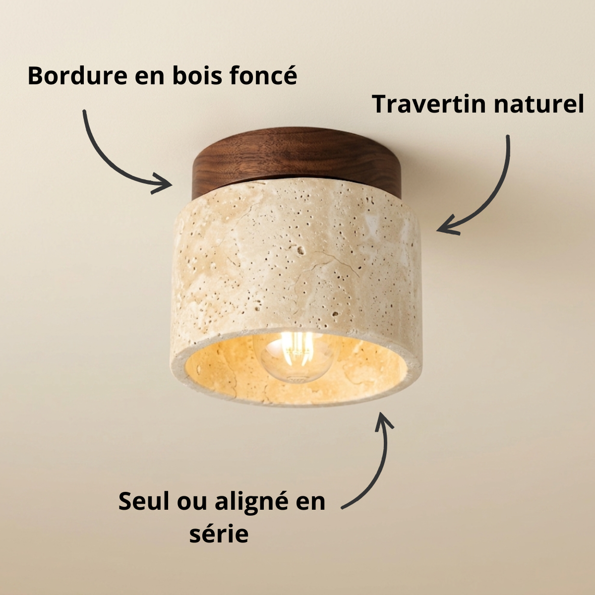 Plafonnier en pierre travertin sur socle rond en bois