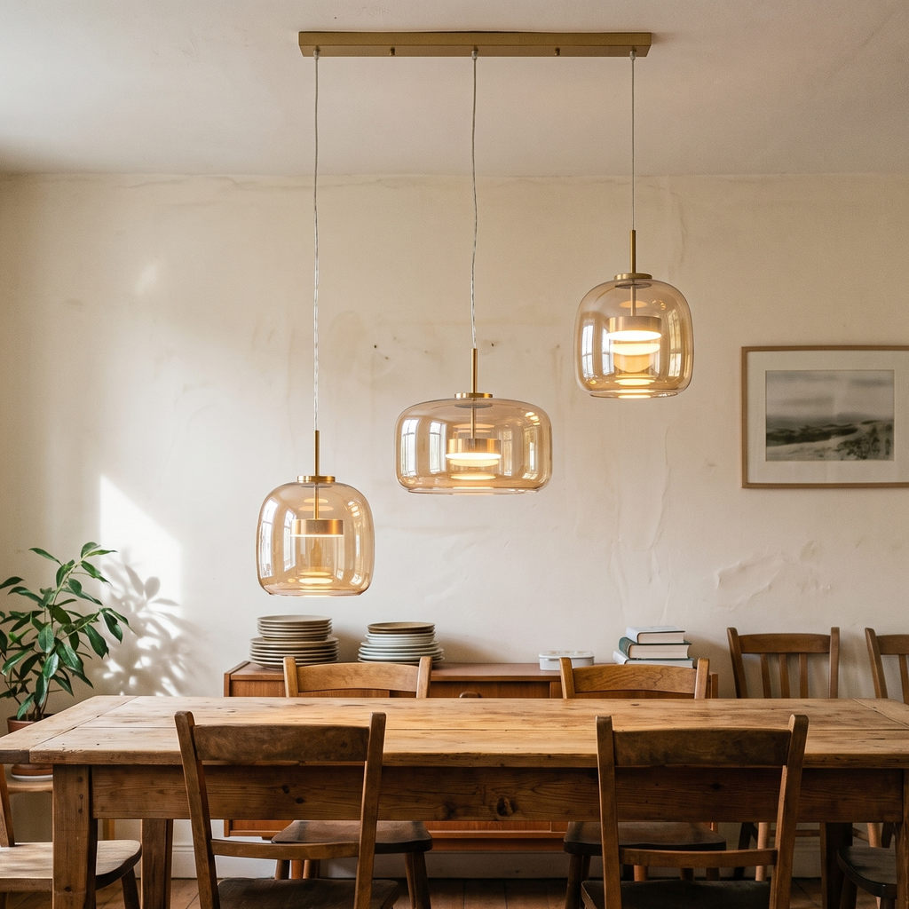 Suspension 3 lumières en verre ambré sur rampe en laiton doré, installée au-dessus d'une grande table à manger en bois massif.