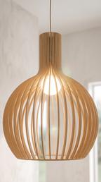 Suspension en bois à ampoule E27 apparente, hauteur réglable jusqu'à 100 cm