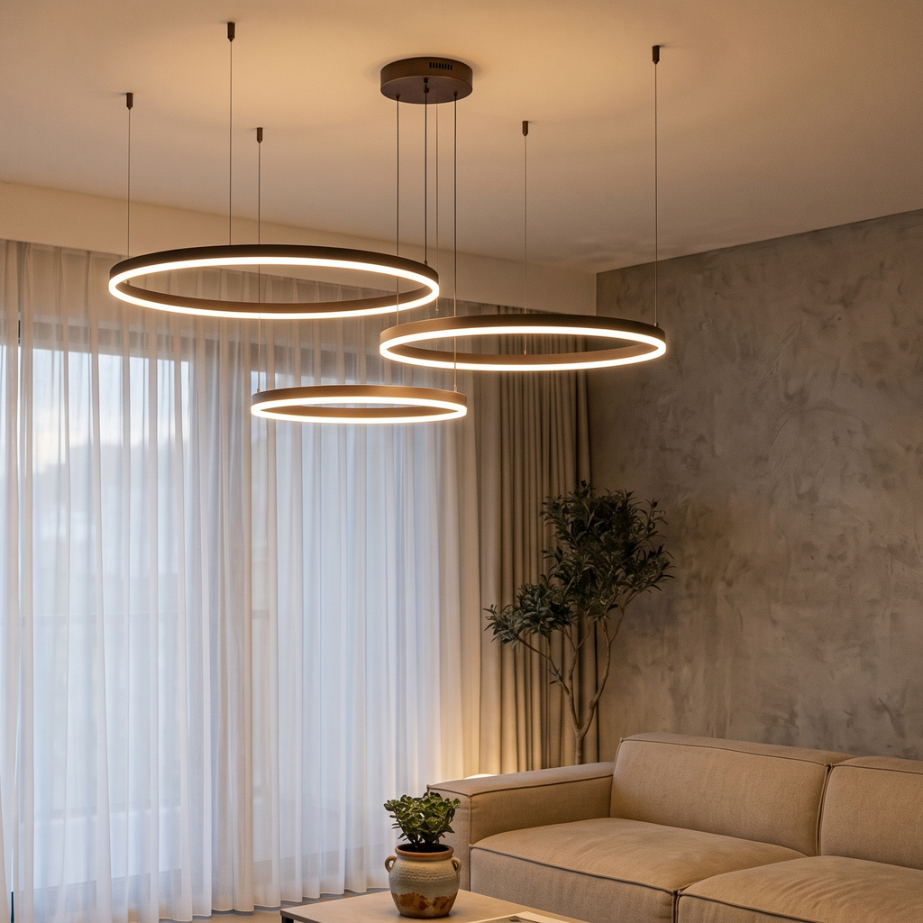 Suspension à anneaux LED en métal finition café mat