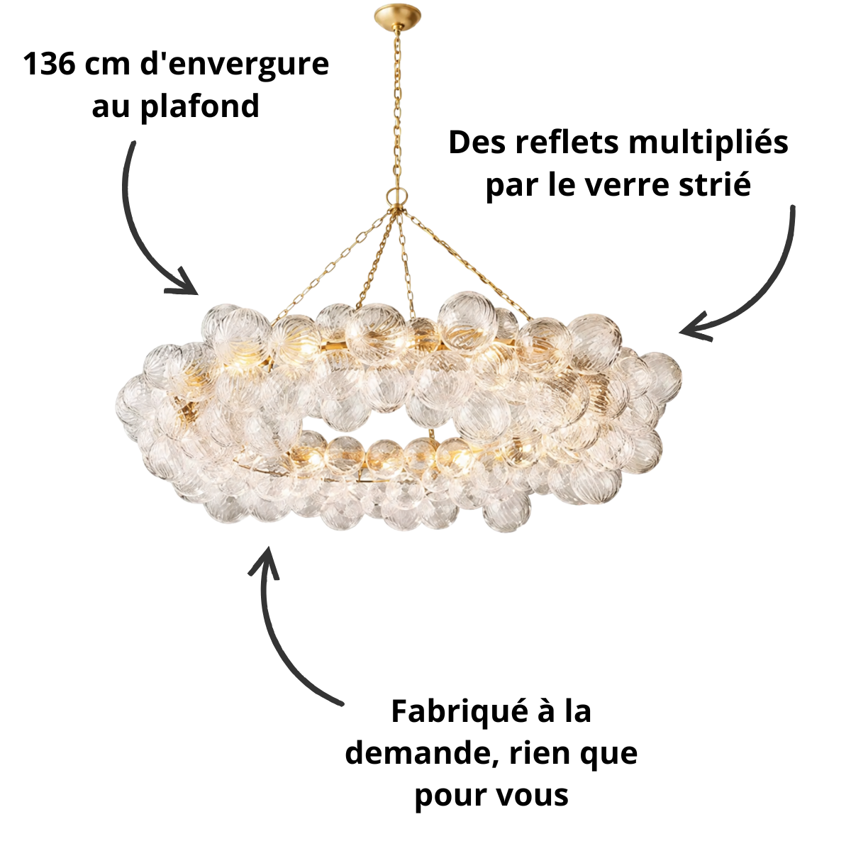 Suspension grappe de bulles en verre strié, 136 cm de diamètre