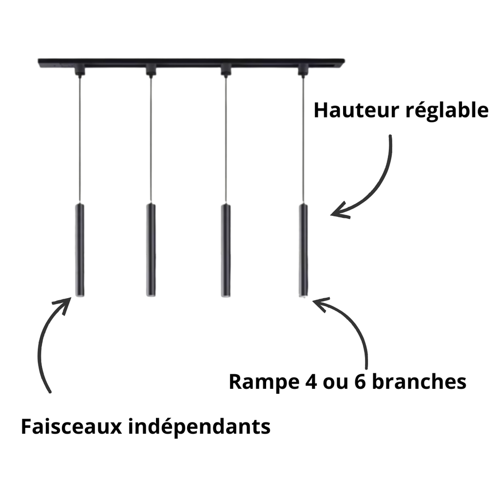 Suspension linéaire à 4 ou 6 tubes LED sur rampe de 150 cm