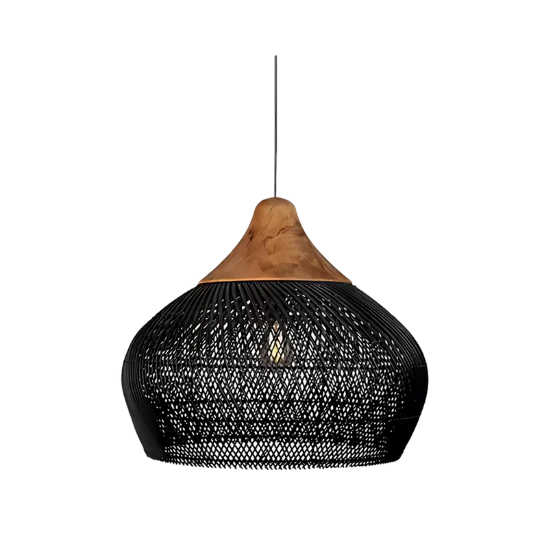 Suspension en rotin tressé noir et col en bois, 50 cm
