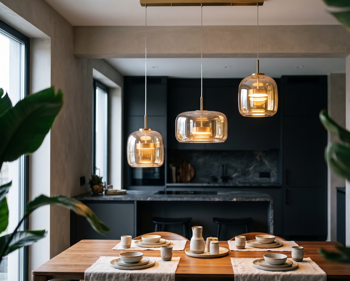 Suspension à trois globes en verre soufflé sur rampe, LED intégrée