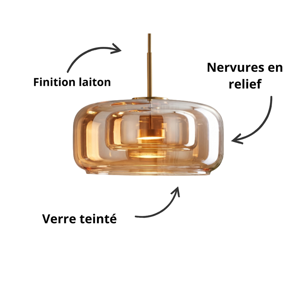 Suspension en verre ambré nervuré et monture finition laiton, 30 cm