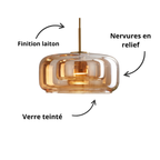 Suspension en verre ambré nervuré et monture finition laiton, 30 cm