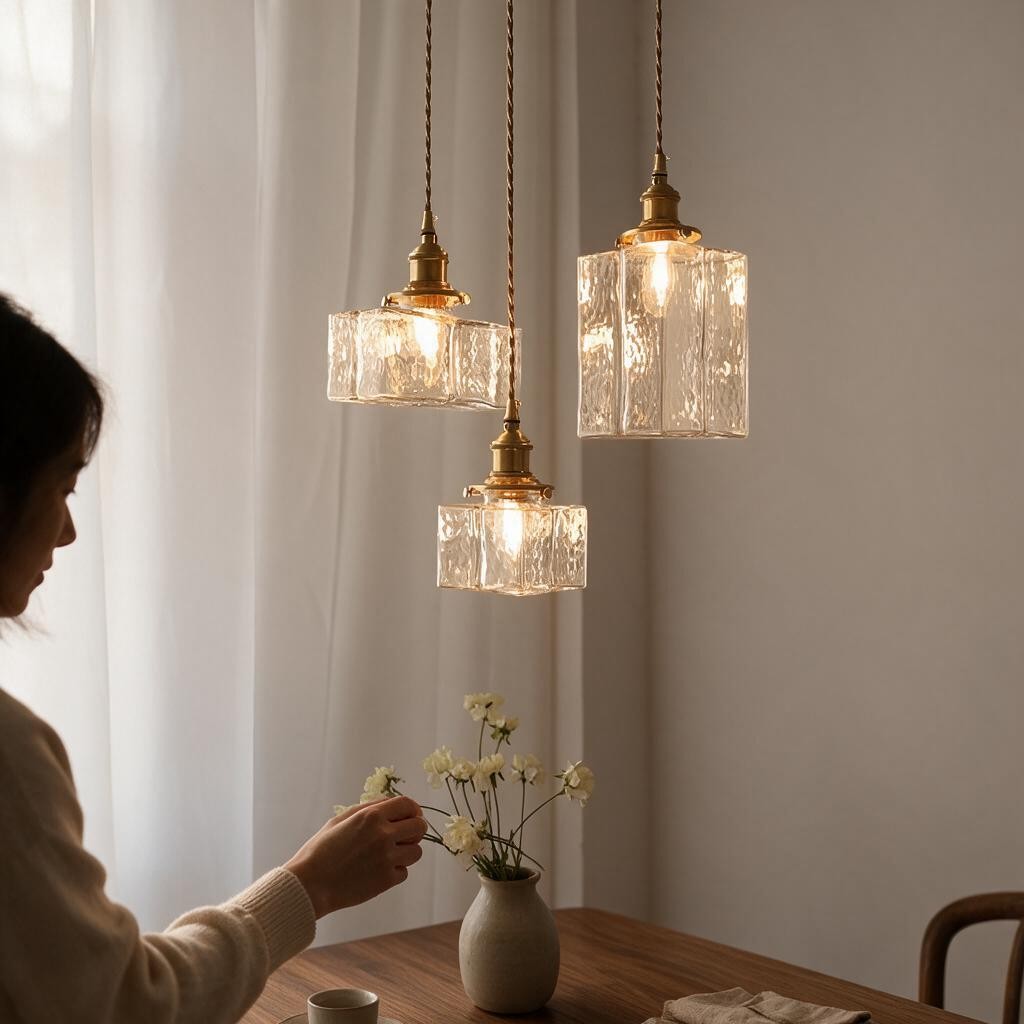 Suspension vintage en laiton et verre martelé transparent