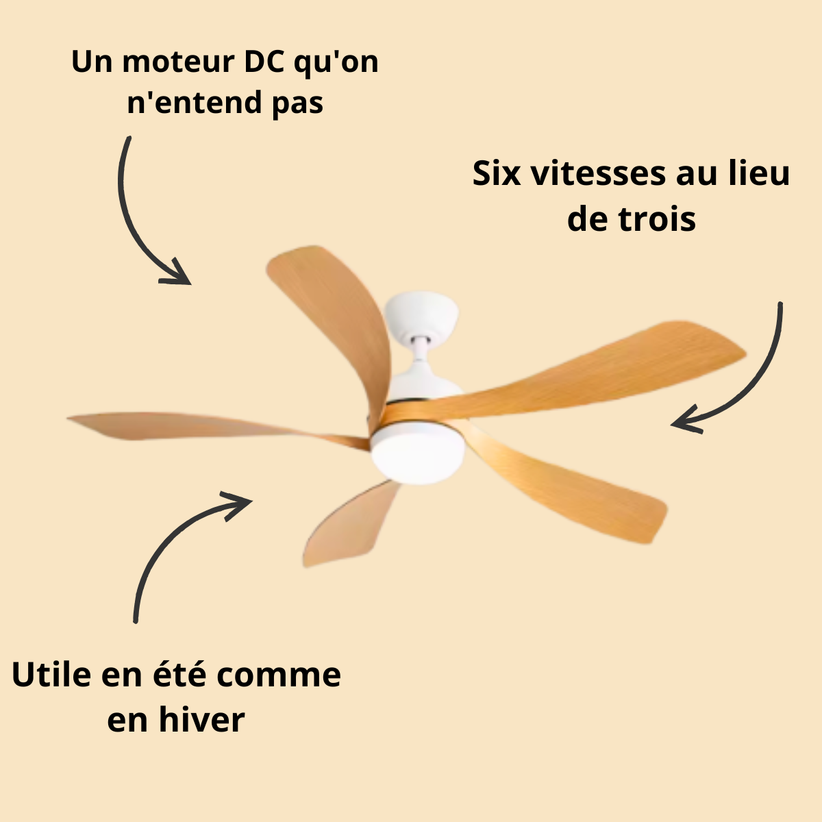 Ventilateur de plafond DC de 132 cm à 5 pales aspect bois et moyeu blanc