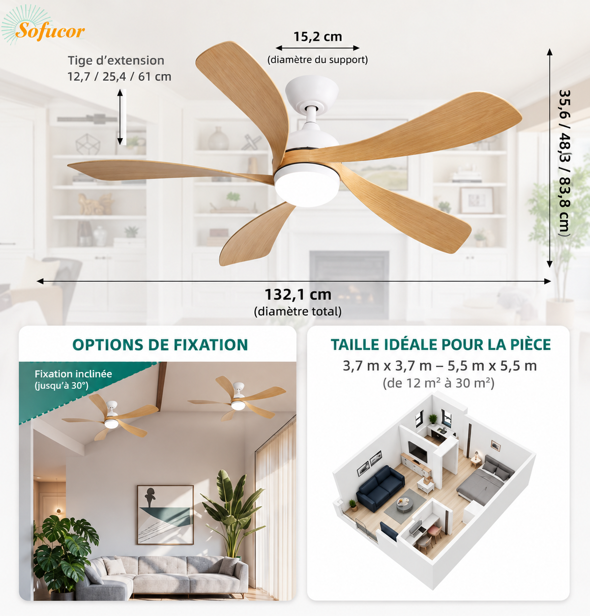 Ventilateur de plafond réversible été-hiver avec lumière LED à intensité réglable