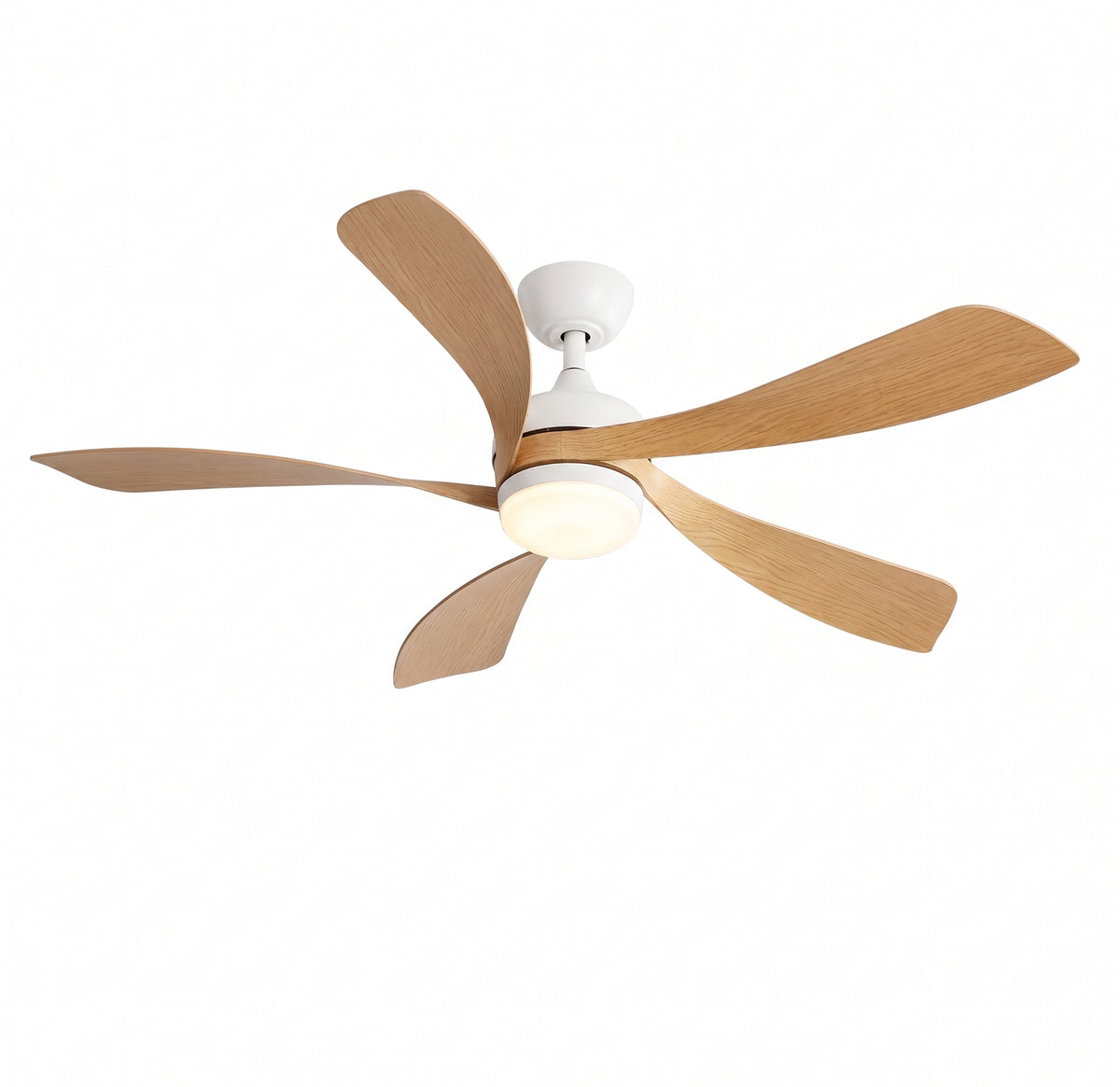 Ventilateur de plafond DC à 5 pales aspect bois clair, avec éclairage LED intégré