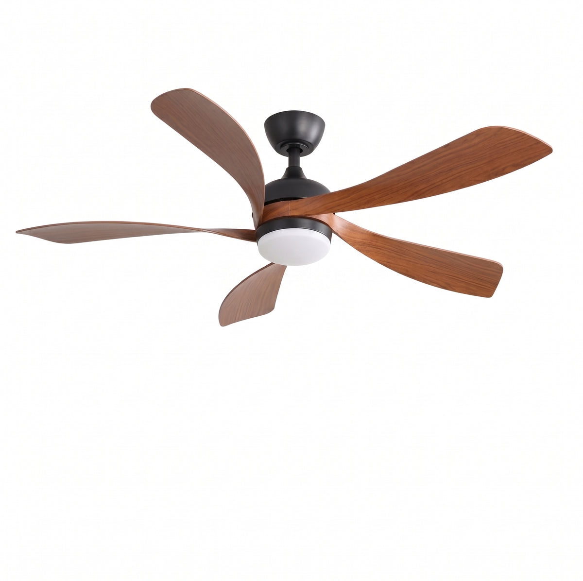 Ventilateur de plafond DC à 5 pales aspect bois vernis, avec éclairage LED intégré